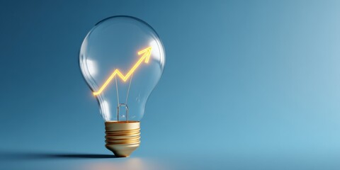 Bright glowing light bulb with an upward trending arrow inside symbolizing innovation and growth.