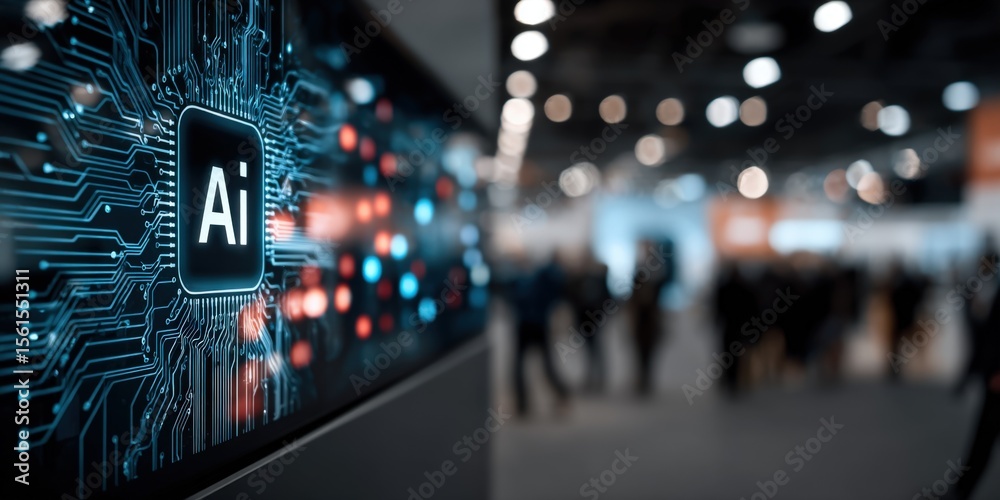 Poster high tech artificial intelligence concept with digital circuitry and glowing data network.