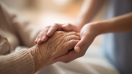 Close-up of caring person holding an elderly person's hand for support and comfort.