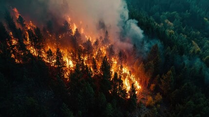 Fototapeta premium Intense wildfire burning through forested hillside causing massive smoke and flames.