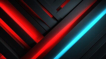 Abstract futuristic geometric background with neon red and blue light streaks and dark shapes.