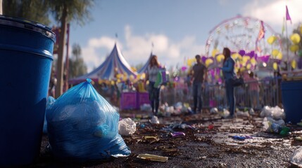 Untidy festival grounds with trash and litter scattered around in a lively amusement park scene.