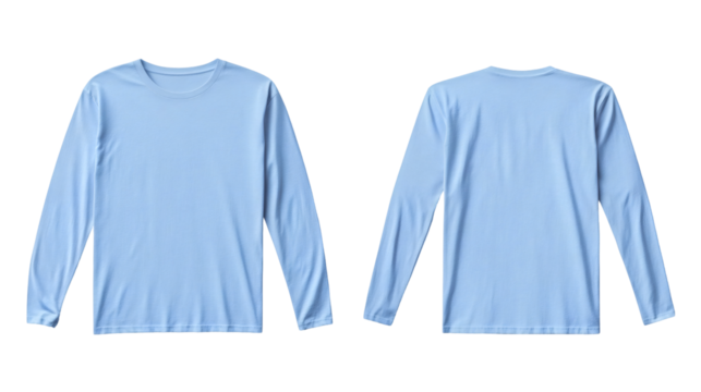 Plain light blue long sleeve t-shirt mockup front and back view on transparent background