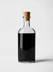 Clear glass bottle, cork stopper, dark liquid
