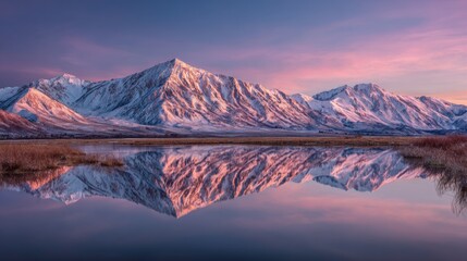 Majestic Snow-Capped Mountain Range Reflected in Calm Lake During Sunset.