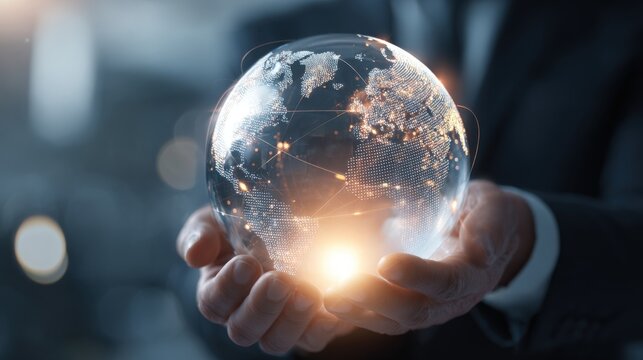 Futuristic digital globe with interconnected data points and glowing lights in hand. - Powered by Adobe