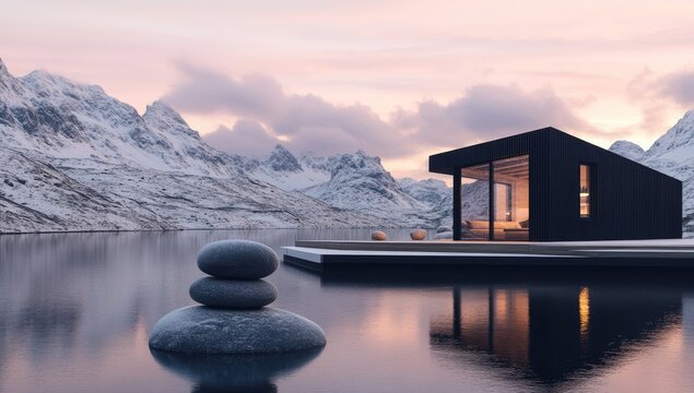 Serene cabin on a tranquil fjord at dawn, nestled amongst snow-capped mountains - Powered by Adobe