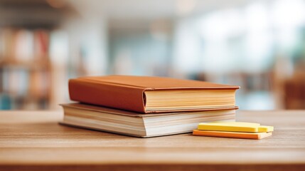 Fototapeta premium Stack of three hardcover books with yellow notepad on wooden table in library setting.