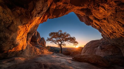 Scenic view from inside a natural rocky cave showing a lone tree at sunset with vibrant warm colors and a clear sky.