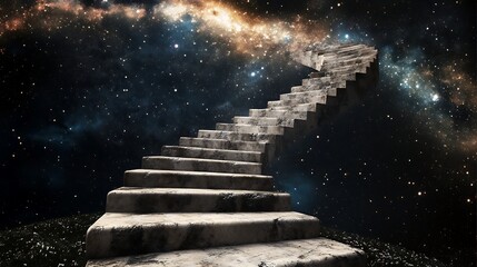 Ascending staircase reaching towards a vibrant celestial galaxy with twinkling stars and cosmic light, symbolic of dreams and ambition