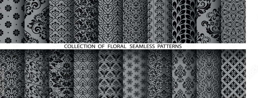 Poster geometric floral set of seamless patterns. gray and black vector backgrounds. damask graphic ornamen