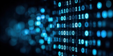 Abstract digital binary code stream with glowing blue binary digits in motion highly detailed.