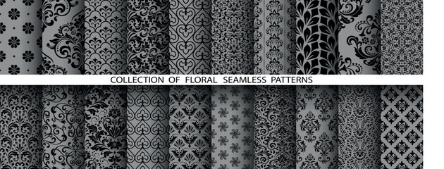 Geometric floral set of seamless patterns. Gray and black vector backgrounds. Damask graphic ornaments