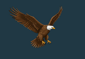 Cartoon Bald Eagle with Brown Feathers and White Head in Flight.