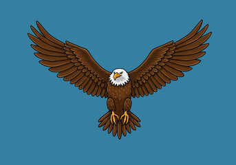 Cartoon Bald Eagle with Brown Feathers and Wings Spread Wide Open.