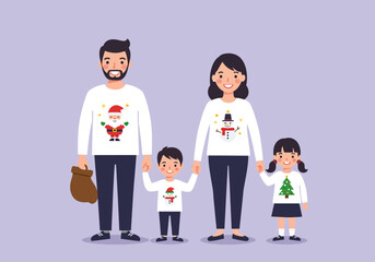 Cartoon Family Wearing ChristmasThemed Sweaters Holding Hands Father Holding a Brown Sack.