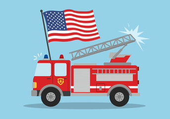 Cartoon Firetruck with American Flag and Extended Ladder Patriotic Design.