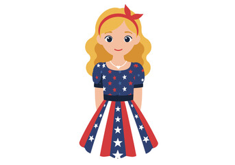 Cartoon Girl in Patriotic Dress with Stars and Stripes Blonde Hair Red Headband.