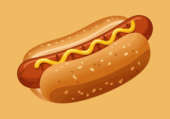 Cartoon Hot Dog with Mustard Bun and Sausage Illustration.
