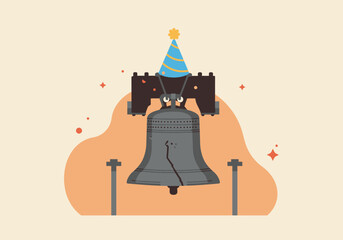 Cartoon Liberty Bell with Party Hat Crack and Dark Brown Support Structure.