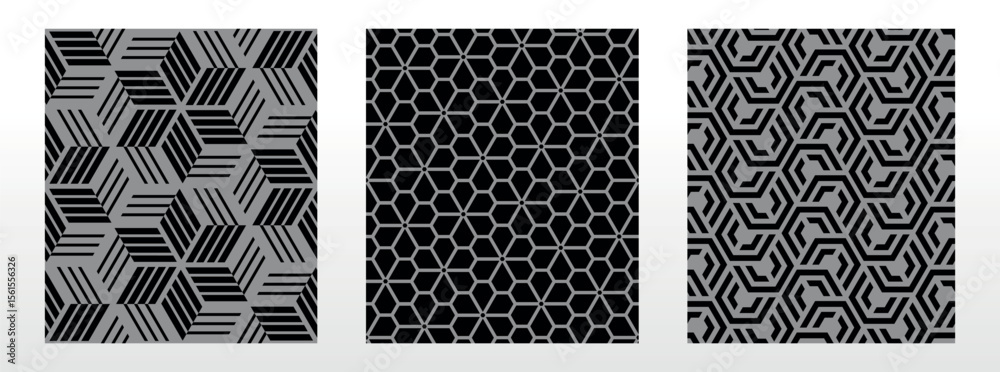 Poster Geometric set of seamless black and gray patterns. Simple vector graphics