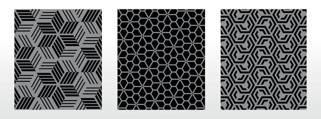 Geometric set of seamless black and gray patterns. Simple vector graphics
