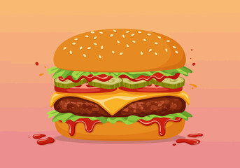 CartoonStyle Burger with Sesame Bun Lettuce Cheese Tomato Pickles and Ketchup.