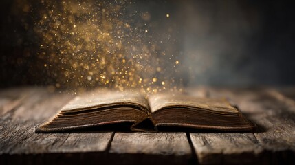 Open ancient book on wooden surface with magical glowing dust and mystical ambiance.