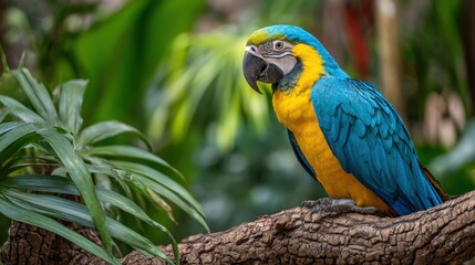 Obraz premium Vibrant Blue and Yellow Macaw Parrot Perched on Tree Branch in Tropical Jungle Scene.