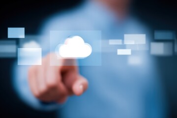 Modern cloud technology concept with digital interface and virtual data visualization.