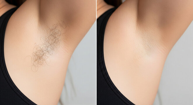 Woman shows armpit close-up. Before and after hair removal