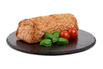 Meatloaf, Basil, Tomatoes on Slate, isolated on white background