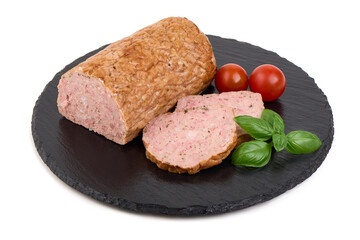 Liverwurst Sliced with Tomato and Basil, isolated on white background