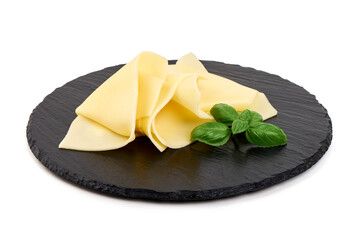Cheese Slices, Basil on Slate, isolated on white background