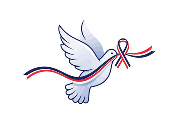 Dove carrying a ribbon with red white and blue stripes in its beak.