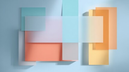 Abstract geometric colorful rectangles overlapping on pastel background design.