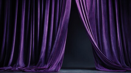Elegant purple velvet stage curtains drawing open revealing darkened theater background.