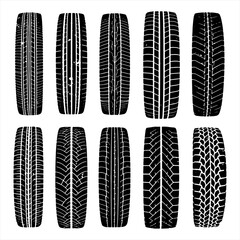 A collection of ten unique tire tread patterns displayed in a grid arrangement against a white background.
