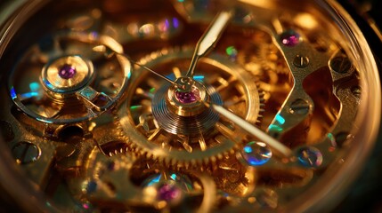 Close-up of intricate mechanical watch movement with gears and oscillating balance wheel.