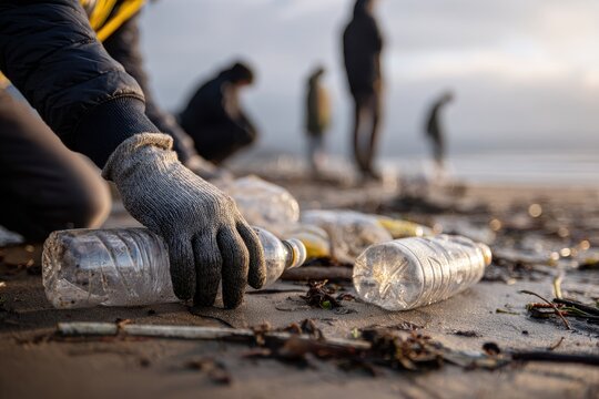 Volunteers picking up plastic bottles on a beach (1)