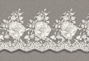 Vector lace ribbon pattern, seamless background. White lace texture with floral elements on a grey backdrop. Seamless, elegant lace border for a wedding invitation card design, print, and decoration. 
