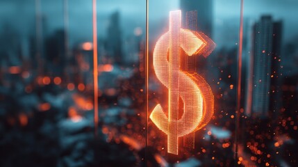 Digital glowing dollar sign symbol floating over cityscape with vibrant futuristic background.