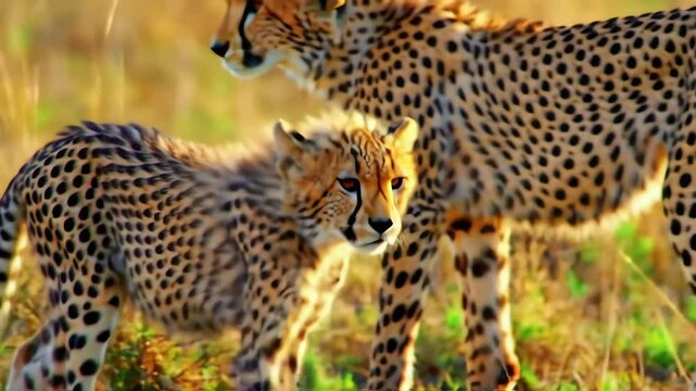 Two cheetahs stand in a field one faces forward the other is partially visible behind