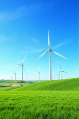 Fototapeta premium Wind farm sits atop a lush green hill against a bright blue sky. Wind farm turbines produce clean, renewable electricity.
