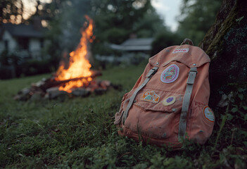 Girl Scout leader’s backpack with patches on grassy field by campfire, Girl Scout Leader Day