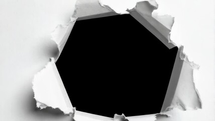 Torn white paper with a jagged black hole. Ripped paper with a black background. Edges and surface details are visible with shadows. - Powered by Adobe