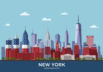 Obraz premium New York City Skyline with American FlagThemed Buildings for Independence Day.