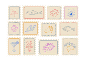 Trendy summer mediterranean placard and postage stamps. Vacation in Italy. Amalfi. Hand drawn print with image of lobster, crab, boat, lemons, sardine, seashell, cocktail, shrimp. Vector illustration.