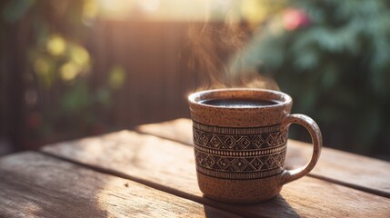 Close-up of steaming coffee mug with intricate patterns on rustic wooden table outdoors.