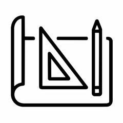 Architectural blueprint drawing tools icon depicting pencil triangle ruler and rolled paper